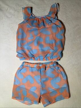 Peach & Light Blue Heart Print Kids Matching Set